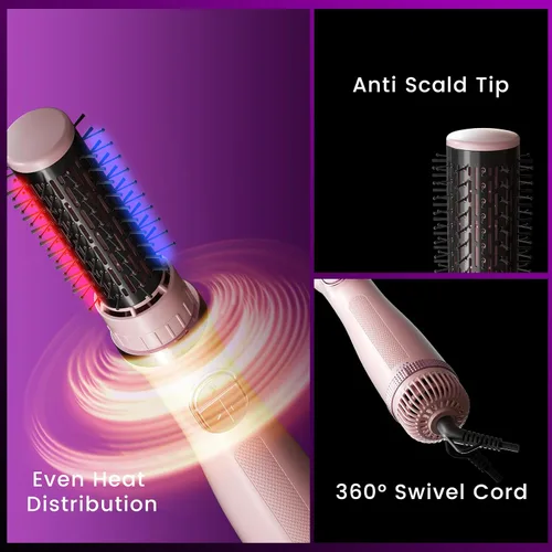 Vista 4 de Cepillo secador de pelo, giratorio 3 en 1 con 3 cabezales para secar peinado, voluminizar, rizar, elegante en un solo paso para cabello largo, 3 Rosa