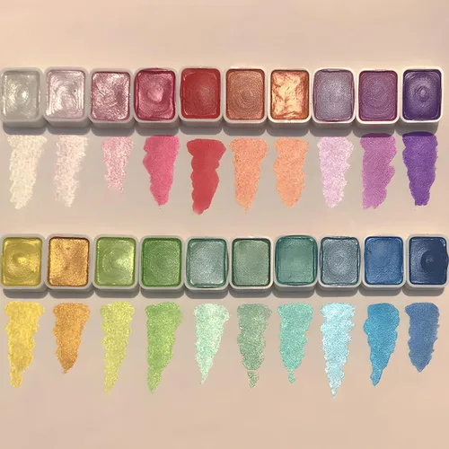 Vista 6 de Juego de pintura de acuarela metálica de 20 colores con purpurina, modelo metálico nacarado sólido, kit de arte de viaje para pintar sobre la marcha