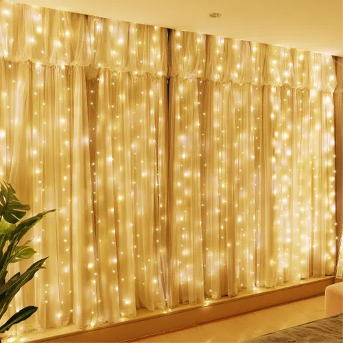 Vista 10 de HXWEIYE 300 luces LED de cortina sin enredos, 9.8 x 9.8 pies, USB, control Blanco cálido