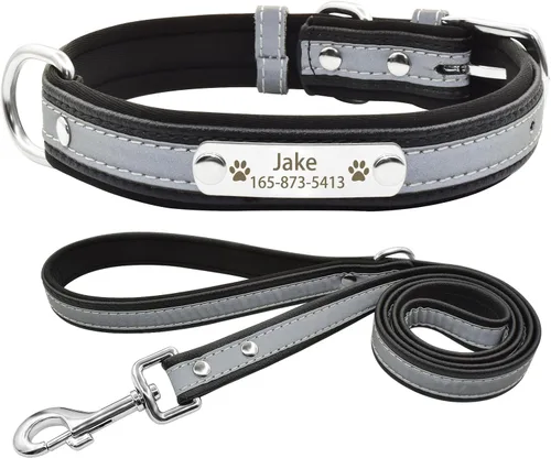 Vista 6 de Collares reflectantes personalizados para perros con acolchado de neopreno, collar de perro grabado personalizado con placa de nombre para perros