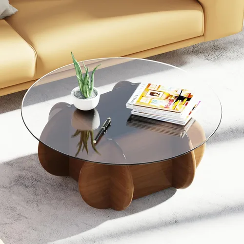 Vista 7 de Noguchi - Mesas de centro redondas transparentes de cristal con patas de madera maciza y mesa de vidrio templado para sala de estar, hogar, espacio