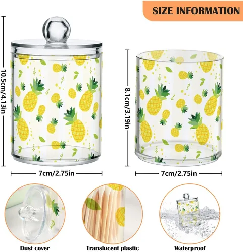 Vista 3 de Paquete de 2 tarros de boticario para baño, verano, piña, Qtip, recipiente de almacenamiento de plástico transparente con tapa para bola de algodón