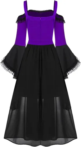 Vista 3 de Vestido gótico para mujer, manga de murciélago, con cordones, túnica de gasa, manga larga, hombros descubiertos, vestido de Halloween negro oscuro