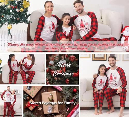 Vista 5 de Conjunto de pijama de Navidad familiar a juego lindo top con impresión pantalones a cuadros pijamas de vacaciones para mujereshombresniñosparejas
