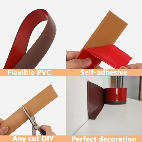 Vista 3 de Base de pared de vinilo flexible de 16.4 pies, moldura para placa base de cala autoadhesiva, tiras de calafateo y recortar con puntera para cubrir