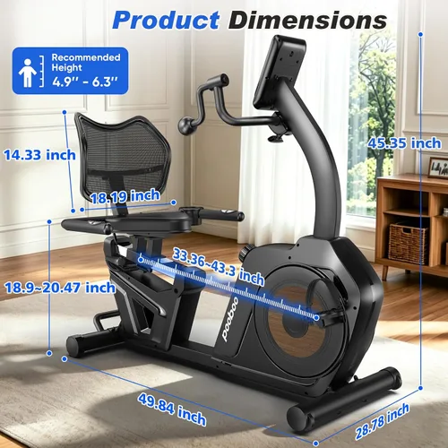 Vista 9 de pooboo - Bicicleta reclinada para ejercicios, bicicletas estáticas para el hogar con ejercitador de brazos, bicicleta reclinada magnética