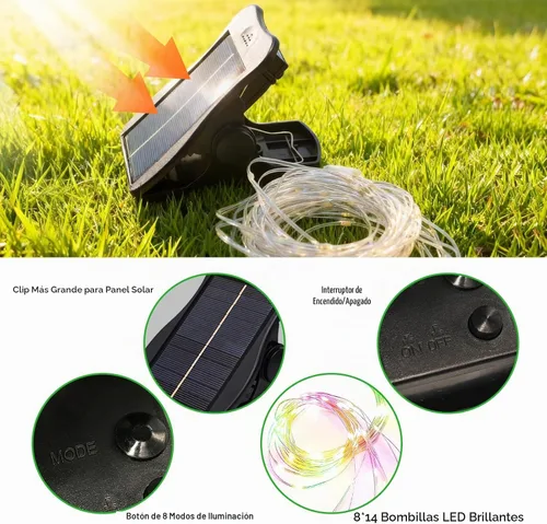 Vista 5 de luces de sombrilla solar, 8 hebras de luces de sombrilla para patio al aire libre con 8 modos, panel solar de 3V, clip con 112 LED, luces al aire