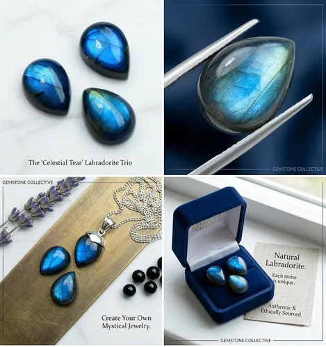Vista 4 de Caja de 3 piezas de piedras preciosas sueltas de labradorita de fuego azul en forma de pera calibrada natural de 0.394 x 0.551 in. Para el bienestar