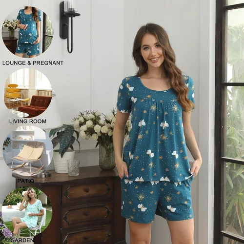 Vista 4 de POPYOUNG Conjunto de pijama de verano para mujer, manga corta, 2 piezas, ropa de dormir con bolsillos