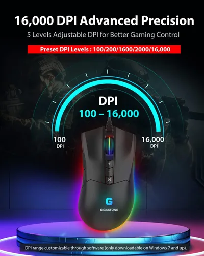 Vista 2 de Gigastone Mouse para juegos con 16000 DPI ajustable, retroiluminación RGB, sensor óptico, 10 botones programables, mouse RGB para juegos con memoria