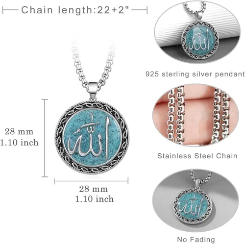 Vista 4 de Allah Necklace 925 Sterling Silver Turquoise Allah Pendant Necklace Islamic Jewelry Muslim Gifts for Men Women