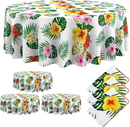 Vista 9 de Oudain Mantel hawaiano de 3 piezas de 84 pulgadas con hojas de palmera tropicales, flores redondas, de plástico, desechable, circular, impermeable