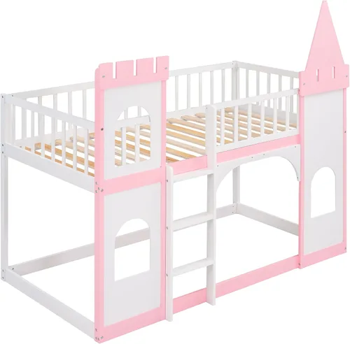 Vista 6 de DEINPPA Litera individual, marco de cama individual sobre individual, cama alta de madera con forma de castillo con escalera de barandilla