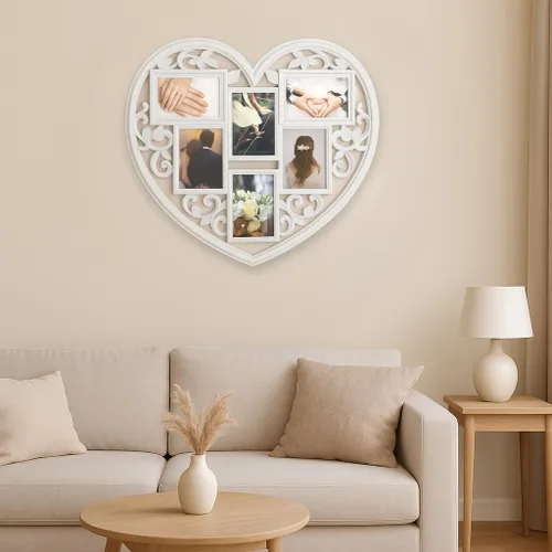 Vista 2 de Marco de fotos de collage con forma de corazón para colgar en pared blanca, 6 aperturas de 4 x 6 pulgadas