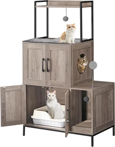 Vista 9 de HOOBRO Mueble para Caja de Arena para Gatos, Mueble Oculto para Caja de Arena 2 en 1 con Estante, Gabinete Doble para Caja de Arena con 2 Pelotas