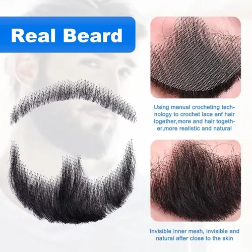 Vista 2 de Barba falsa de cabello 100 % humano, barba facial negra, cabello humano realista, cabello facial atado a mano, encaje invisible, bigote falso