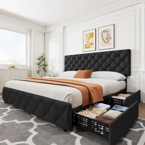 Vista 12 de IDEALHOUSE - Base de cama tamaño matrimonial con 4 cajones de almacenamiento y cabecera ajustable, camas con plataforma tapizada en lino, botones