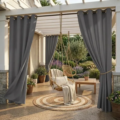Vista 16 de StangH Cortinas para exteriores beige impermeables, tela gruesa, bloqueo de luz, cortinas opacas para patio con ojales en la parte superior