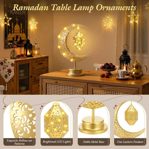 Vista 2 de Luxspire Lámpara de luna de Ramadán, luna creciente y estrella, luces de Ramadán, decoraciones para el hogar, decoración de Eid Mubarak, faroles