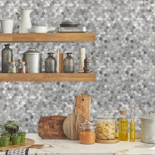 Vista 4 de KASARO Azulejos para salpicadero autoadhesivos, 12 x 12 pulgadas, panel de pared de mosaico de metal hexagonal plateado 3D de 12 x 12 pulgadas