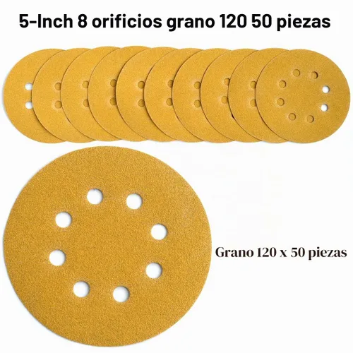 Vista 3 de Discos de lija de 5 pulgadas con 8 agujeros de gancho y bucle de grano 120 de órbita aleatoria, paquete de 50