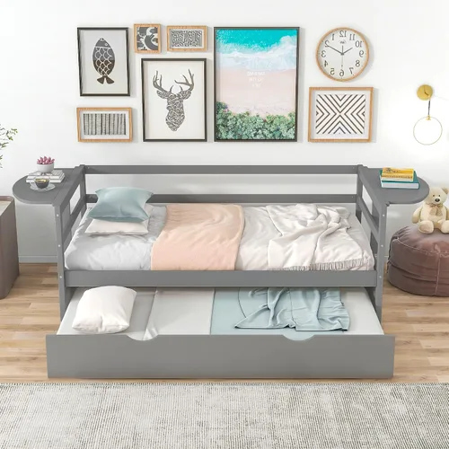 Vista 9 de Merax Cama clásica de día de madera maciza con cajones de almacenamiento, cama de plataforma para sala de estar, tamaño individual, gris
