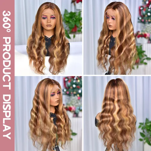 Vista 3 de Peluca de cabello humano ondulado con encaje frontal de 18 pulgadas, color rubio miel, sin pegamento, HD, transparente, encaje frontal