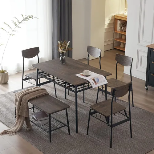 Vista 2 de Juego de comedor moderno de 6 piezas para el hogar, cocina, comedor con estantes de almacenamiento, marco de acero, mesa rectangular con 1 banco y 4