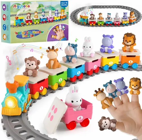 Vista 10 de Juguetes de tren de animales de granja para niños de 2 a 4 años, juego de tren eléctrico para niños con música, vapor y luces, juguetes