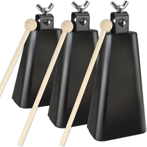 Vista 8 de Instrumento de cencerro de acero de 4 pulgadas con palo Música Campana de vaca fabricantes de ruido Metal Musical mano Percusión Negro Vaca