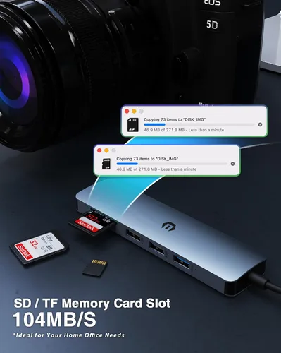 Vista 5 de Hub USB C 6 en 1, adaptador USB C, USB 3.0, HDMI 4K, 2 USB 2.0, lector de tarjetas SD/TF, estación de acoplamiento para dispositivos Mac Pro/Air