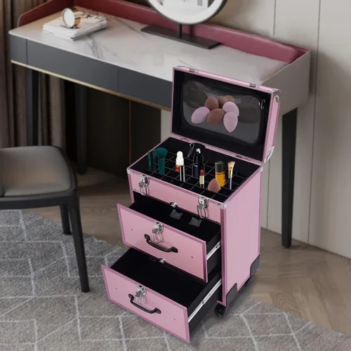 Vista 3 de Estuche profesional de maquillaje con ruedas, con cajones, carrito grande para cosméticos con cerraduras, organizador de almacenamiento