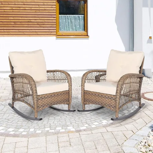 Vista 14 de Mecedora de mimbre para exteriores, silla mecedora de ratán para patio con marco de acero, silla mecedora para césped, muebles de patio, mimbre Beige