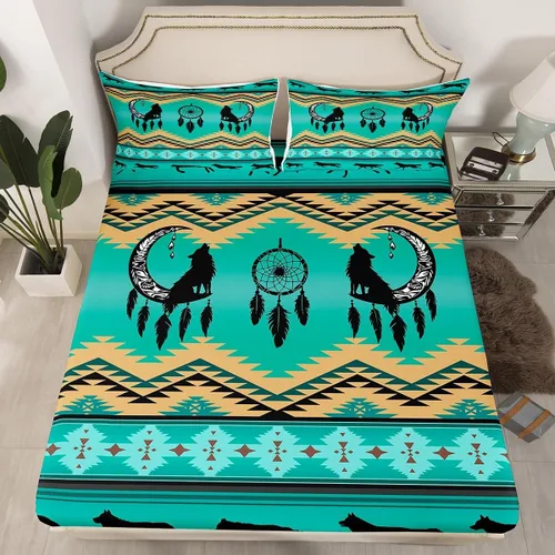 Vista 45 de Juego de ropa de cama de estilo bohemio occidental, tamaño individual, diseño de vaca atrapasueños, sábana bajera ajustable del suroeste, tribu