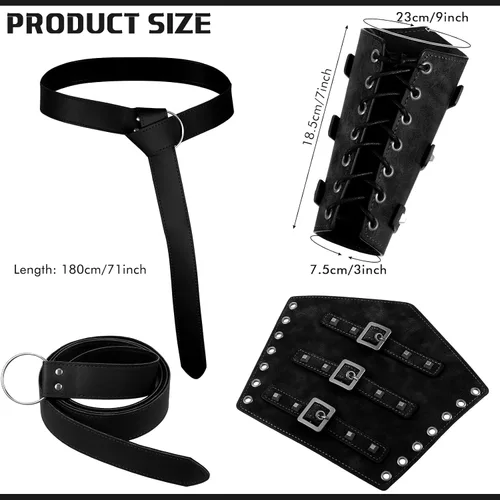 Vista 3 de Disfraz renacentista medieval para hombre, túnica vikinga, disfraz de caballero de piel sintética, protectores de brazos y cinturón, camisas vikingas