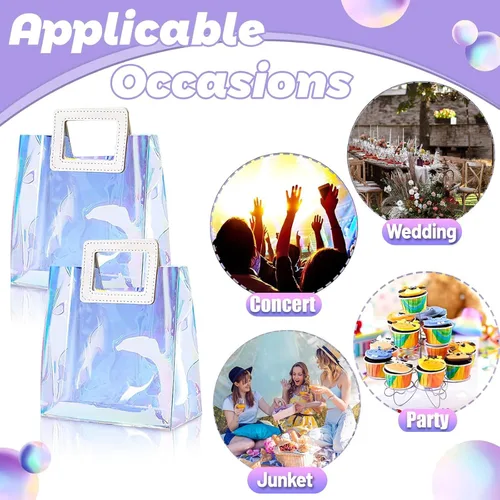 Vista 4 de CHENGU 10 bolsas iridiscentes, holográficas, transparentes, reutilizables, para cumpleaños, PVC, 7 x 8 x 4 pulgadas, bolsas con asa de compras, a