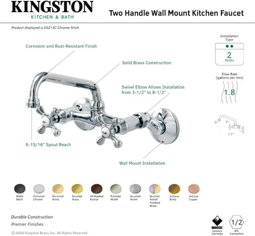 Vista 3 de Kingston Brass KS213C Kingston - Grifo de cocina con dos manijas para montaje en pared, cromo pulido