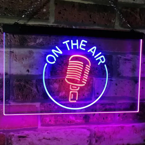 Vista 11 de ADVPRO - cartel de neón para estudio de grabación, LED, con micrófono y rótulo «On the air» azul y Red