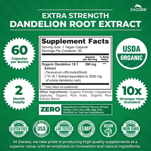 Vista 2 de Zazzee USDA Extracto Orgánico de Raíz de Diente de León 10:1, Concentración de 3000 mg, 60 Cápsulas, Suministro para 2 Meses, Extracto Estandarizado