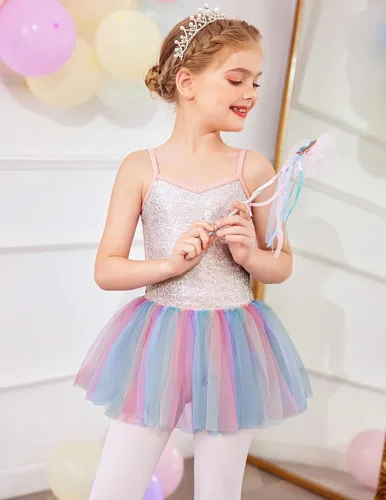 Vista 4 de Zaclotre Leotardo de lentejuelas para niñas pequeñas, leotardos de ballet con correa brillante, vestido tutú, traje de bailarina, disfraz de baile