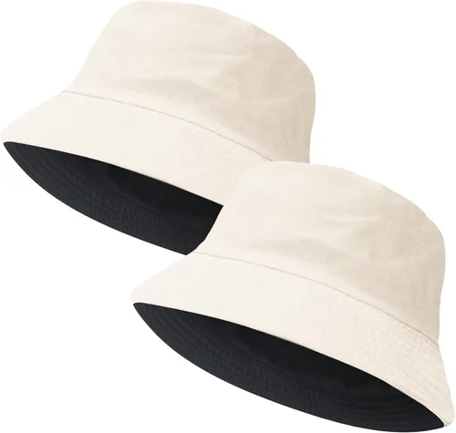 Vista 21 de PFFY 2 Packs Bucket Hat for Women Men Cotton Hats Sun Beach Fishing Cap 2 paquetes negro (reversible)