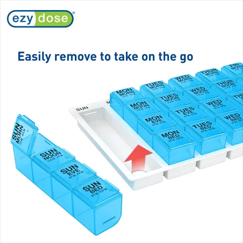 Vista 4 de Ezy Dose Organizador semanal de pastillas (7 días), caja de vitaminas y medicamentos, grandes compartimentos desplegables, 4 veces al día, azul