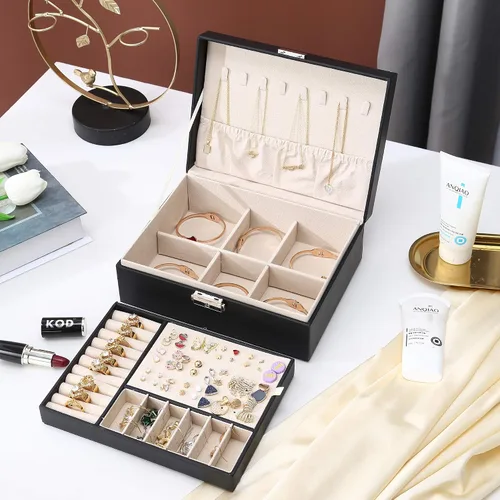 Vista 4 de ZUZ001D - Organizador de joyas, caja de exhibición grande de dos capas, con 74 agujeros para pernos y cierre de piel sintética suave, regalo