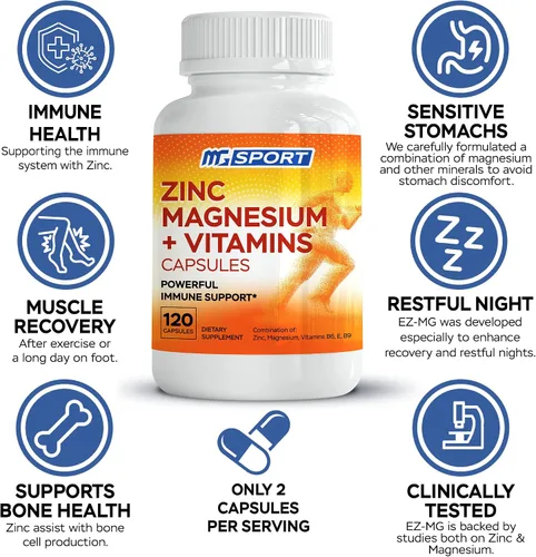Vista 2 de MgSport ZMA Suplemento con zinc y magnesio clínicamente probado para alta absorción - Mejorado con vitaminas B6 B9 para la recuperación muscular