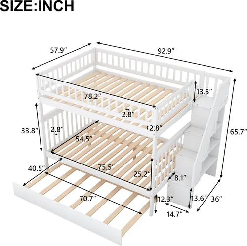 Vista 2 de Litera de madera para niños, tamaño matrimonial sobre matrimonial, con escaleras, cama nido de almacenamiento para niños y niñas, no necesita somier