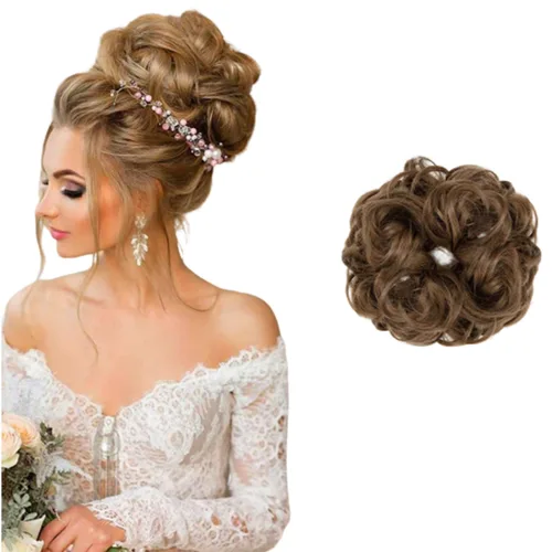 Vista 11 de Extensiones de cabello desordenado, coleta, peinado recogido, Moño, Mezcla de blanqueador negro y café.
