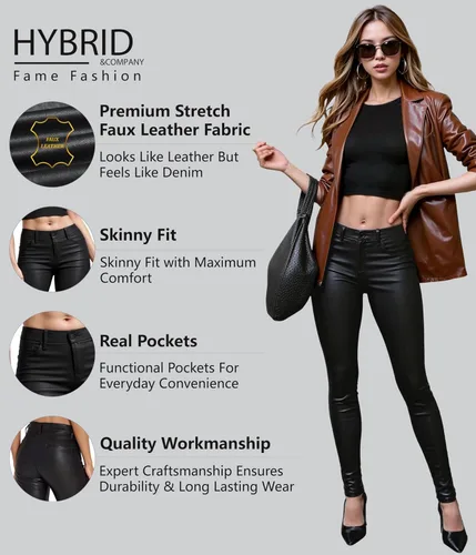 Vista 2 de Hybrid & Company Pantalones de piel sintética para mujer, ajustados, elásticos, a la moda