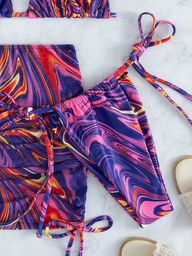 Vista 4 de SOLY HUX - Traje de baño de 4 piezas para mujeres, bikini triangular, falda de malla para la playa y bandana