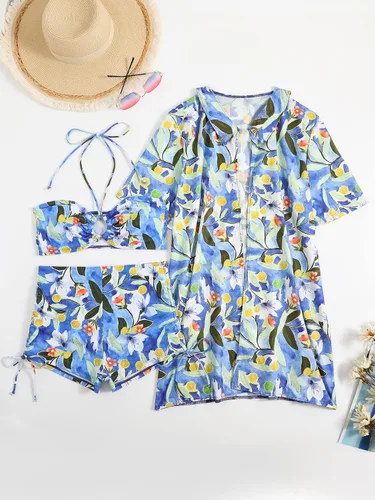 Vista 6 de Romwe Traje de baño de 3 piezas para mujer con estampado floral halter bikini conjunto con kimono