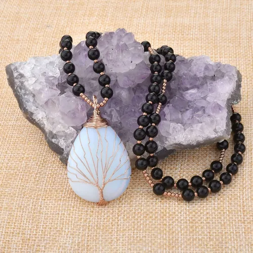 Vista 2 de PESOENTH Collar con colgante de árbol de la vida de cristal de amatista para mujer, cuentas moradas de mala, yoga, meditación, oración, piedras